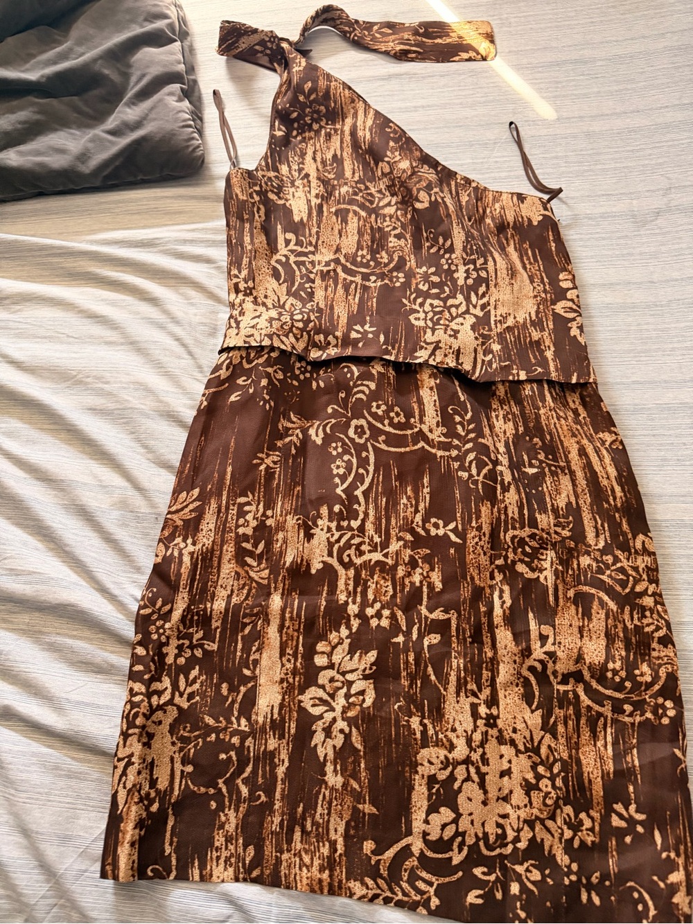 Oscar de la Renta Brown and Cream One-Shoulder Floral Midi Dress